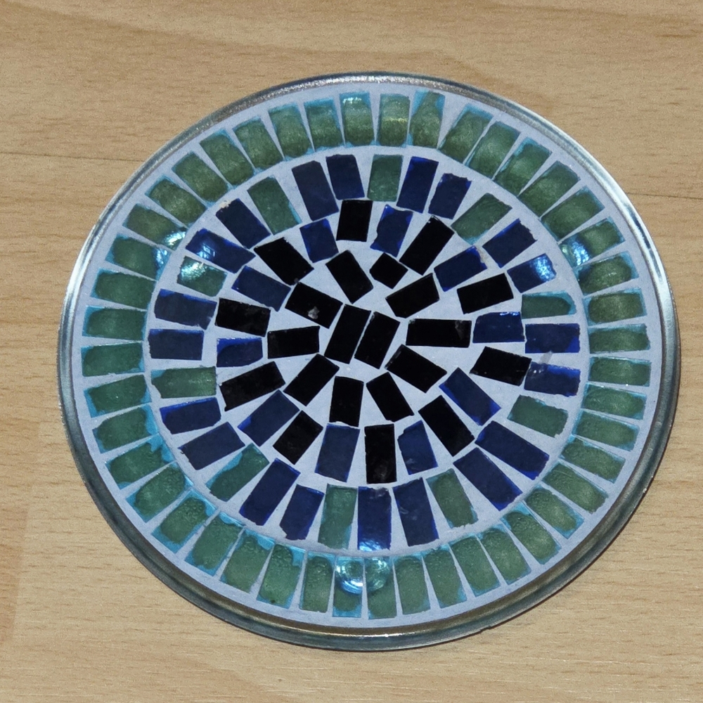 Mosaic Pillar Candle Plate 6" Green Blue Purple Glass Tiles